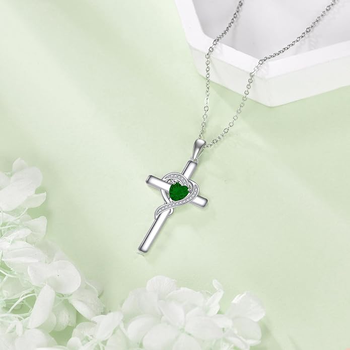 Cross Necklace for Women 925 Sterling Silver Infinity Love Heart Birthstone Pendant Necklace Cross Birthday Jewelry Gifts for Her