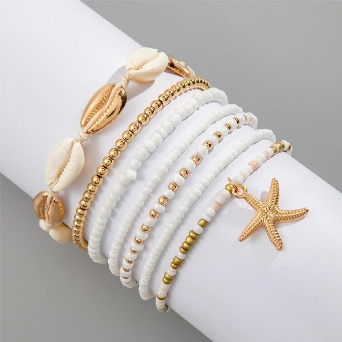 Boho Beaded Shell Anklet Bracelets for Women, 7 Pcs Layered Cowrie Shell & Colorful Beaded Ankle Bracelets with Gold Starfish Charm, Adjustable Summer Beach Foot Jewelry Gifts