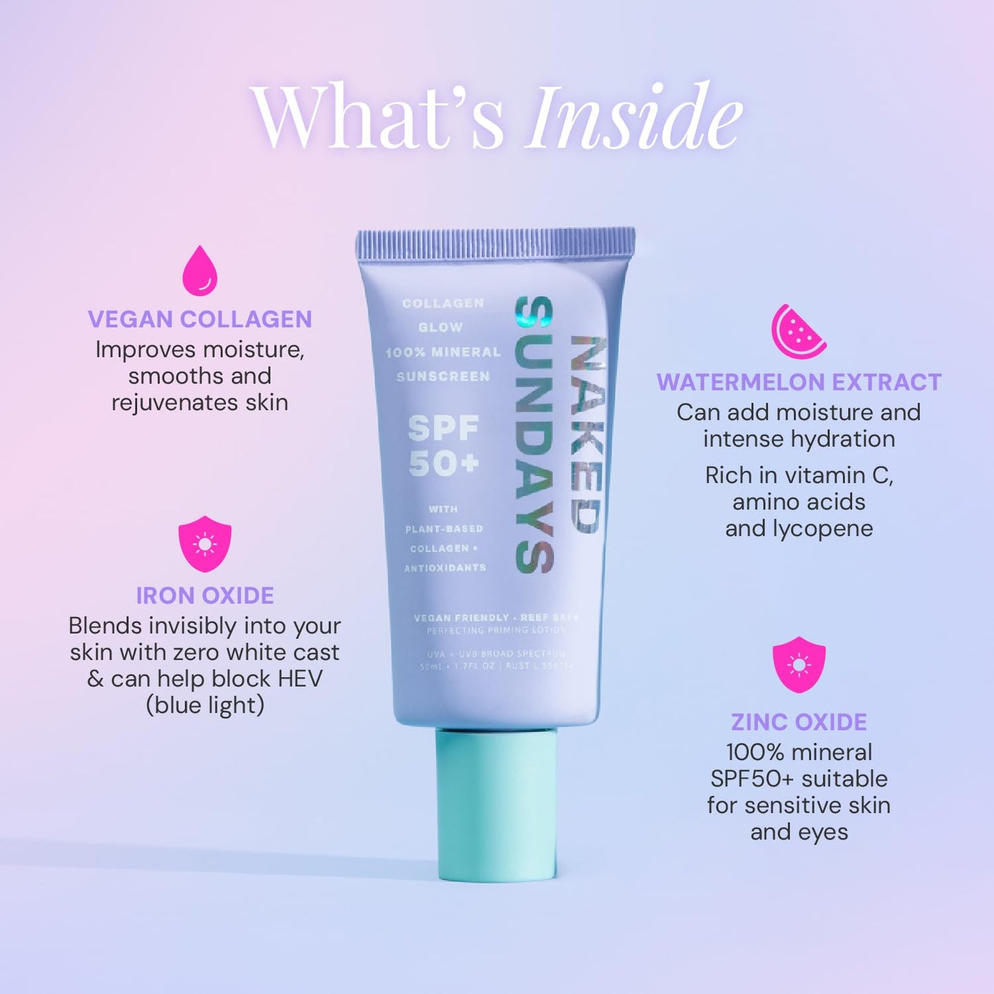 SPF50+ Collagen Glow 100% Mineral Sunscreen, Hydrating 100% Mineral Sunscreen With Zinc Oxide, Vegan Collagen, Primer & A Sheer Tint for Healthy Glow (50ml)