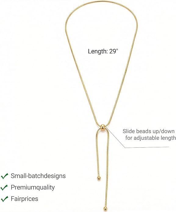 18k Gold Long Necklace for Women Dainty Snake Chain Bolo Adjustable Minimalist Round Bead Jewelry Trendy Simple Aesthetic Gifts for Her