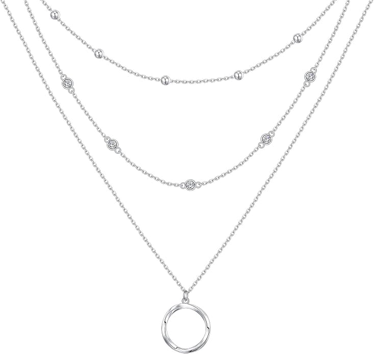 Layered Choker Necklaces for Women S925 Sterling Silver Circle/Heart/Cross/Star Multi Layered Necklace Handmade Bead Chain Adjustable Jewelry for Birthday