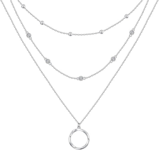 Layered Choker Necklaces for Women S925 Sterling Silver Circle/Heart/Cross/Star Multi Layered Necklace Handmade Bead Chain Adjustable Jewelry for Birthday