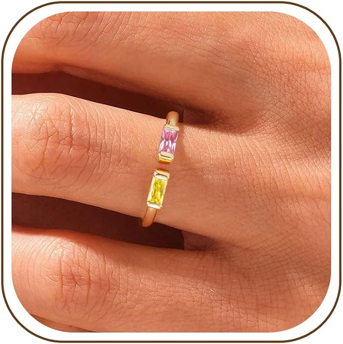 WFYOU Gold Birthstone Rings for Women - Non Tarnish Dainty 14K Gold Plated Stackable CZ Rings for Her & Couples - Personalized Jewelry Gift for Birthday