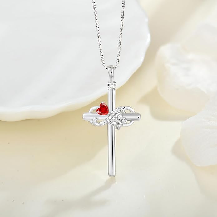 Infinity Butterfly Cross Necklace for Women 925 Sterling Silver Christian Religious Crucifix Pendant Birthstone Jewelry Gifts for Her