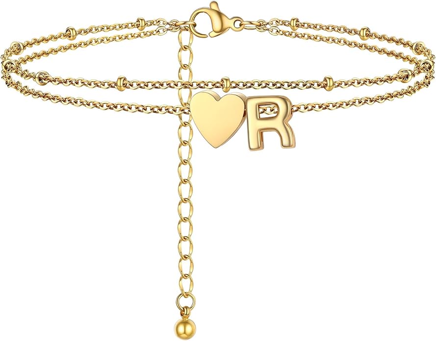 Initial Ankle Bracelets for Women, Dainty Stainless Steel Letter A-Z Layered Anklets, Heart Ankle Bracelet 8.5"-10.5" Adjustable, Summer Beach Jewelry, Come with Box
