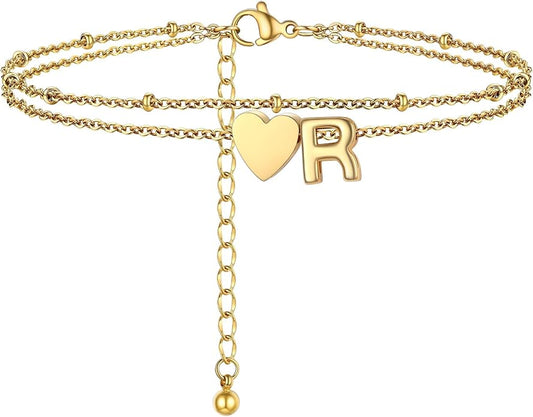 Initial Ankle Bracelets for Women, Dainty Stainless Steel Letter A-Z Layered Anklets, Heart Ankle Bracelet 8.5"-10.5" Adjustable, Summer Beach Jewelry, Come with Box