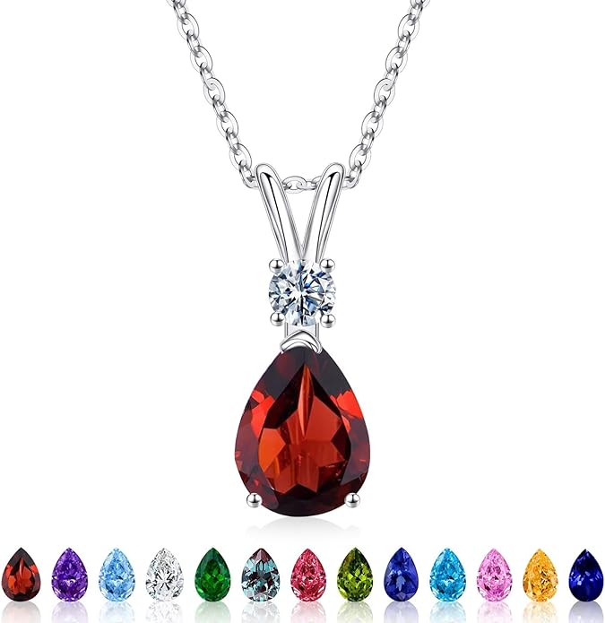Iefil 925 Sterling Silver Birthstone Necklaces for Women - Teardrop Birthstone Jewelry, Anniversary Birthday Gifts for Women Wife Her