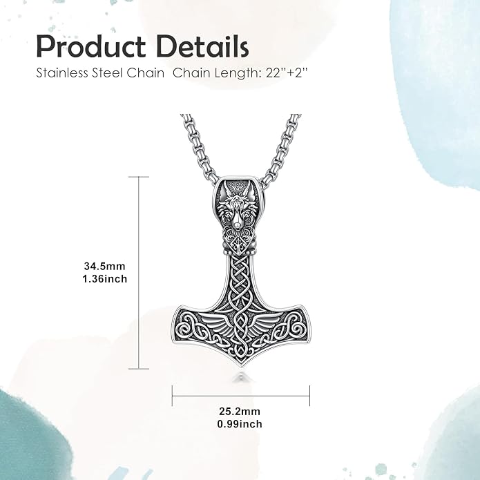 PROESS Thors Hammer Necklace Sterling Silver Celtic Knot Wolf/Lion/Raven Necklace Viking Mjolnir Pendant Jewelry for Men