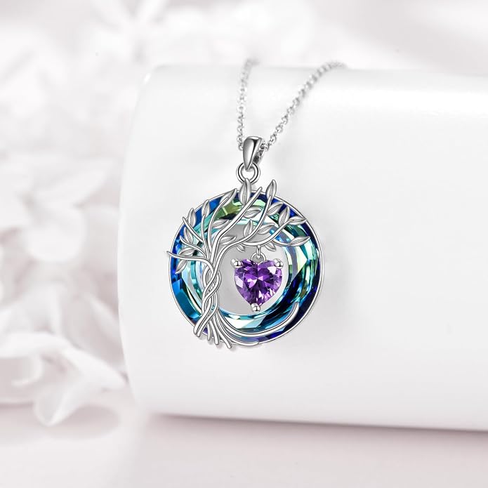 POPLYKE Mothers Day Gifts for Mom Her Wife Tree of Life Necklace 925 Sterling Silver Birthstone Pendant with Crystal Anniversary Birthday Wedding Jewelry for Women
