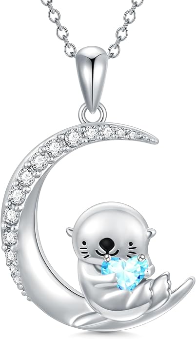 PROESS Animal Birthstone Necklace 925 Sterling Silver Otter/Axolotl/Hippo/Elephant/Dachshund/Monkey/Red Panda Pendant Necklace Animal Birthstone Jewelry Gifts for Women