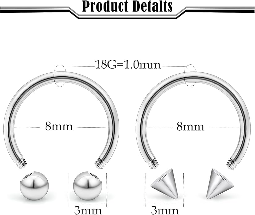 20G-00G Septum Rings horseshoes Nose Rings Hoops 316L Surgical Steel Snake Bites Lip Nipple Ring Cartilage Tragus Helix Rook Conch Daith Earrings Pa Piercing Jewelry for Women Men