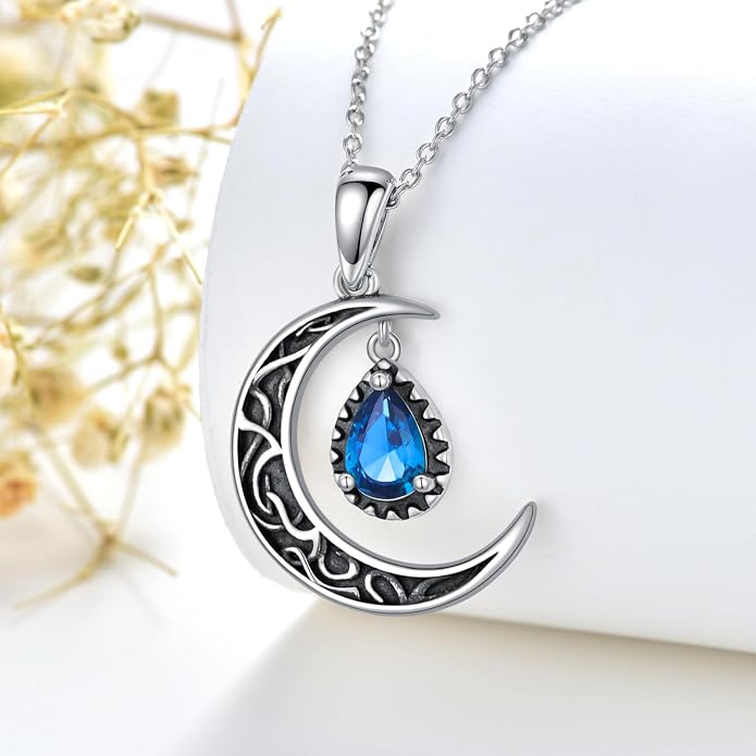 VONALA Crescent Moon Necklace Sterling Silver Emerald/Red/Purple/Black/Rainbow Topaz/Green/Aquamarine/Blue/Moss Agate Celtic Moon Teardrop Necklace Celtic Jewelry Gifts for Women Birthday