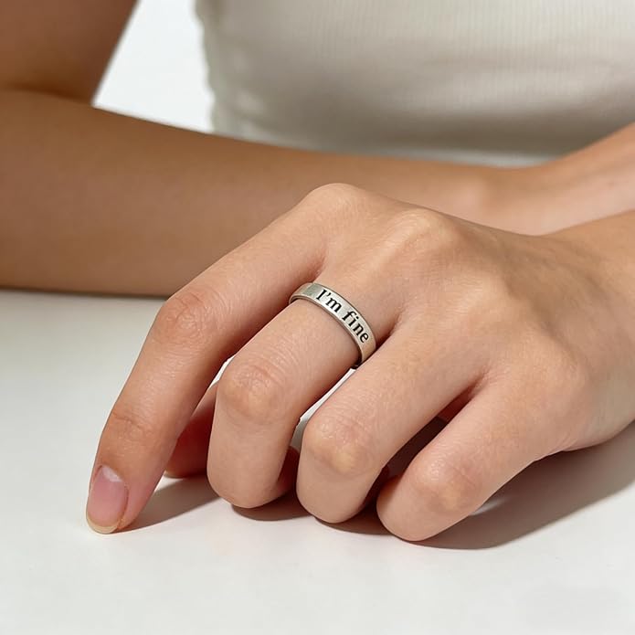 I'M Fine Save Me Silver Ring for Women, Inspirational Adjustable Open Anxiety Relief Fidget Hidden Birthday Jewelry Gift
