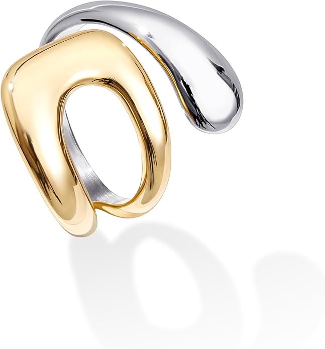 Gelbesty Waterproof Gold Statement Rings for Women, 14K Gold Plated Chunky Open Stackable Rings Non Tarnish Fashion Adjustable Stainless Steel Pinky Knuckle Signet Vintage Ring Jewelry Size 5-11