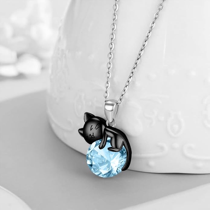 Cat Necklace Sterling Silver Cat Zircon Pendant Gothic Jewelry for Women Animal Lovers Gifts