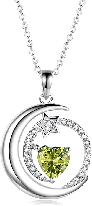 S925 Sterling Silver Birthstone Pendant Necklace Moon Star Necklace Jewelry Gift for Women Anniversary Valentine's day