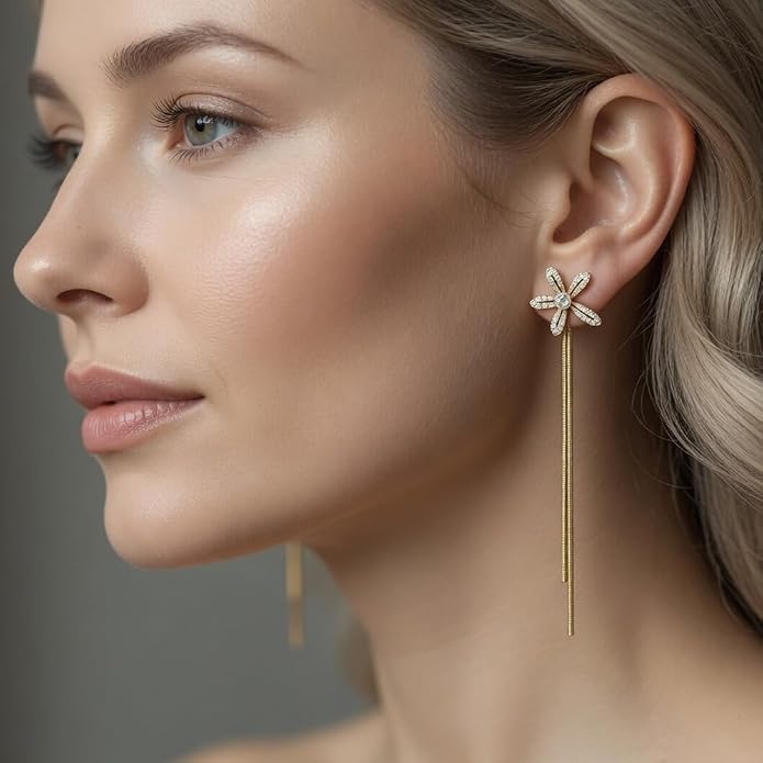 14K Gold Plated Flower Dangle Earrings for Women, Hypoallergenic Cubic Zirconia Long Threader Chandelier Earrings, Elegant Crystal Jewelry for Wedding Bridal Prom Party Gifts