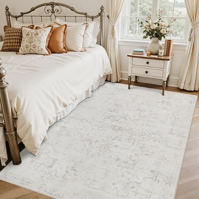6x9 Area Rugs for Living Room: Vintage Boho Neutral Washable Rug Indoor Soft Large Area Rug Carpet for Bedroom Nursery Farmhouse Dining Room Office Floor Non-Slip Low Pile Under Table Neutral Cream