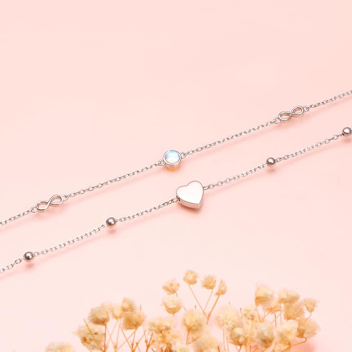 Flyow Anklet for Women S925 Sterling Silver Adjustable Foot Beaded Heart Charm Ankle Bracelet Anklets Jewelry