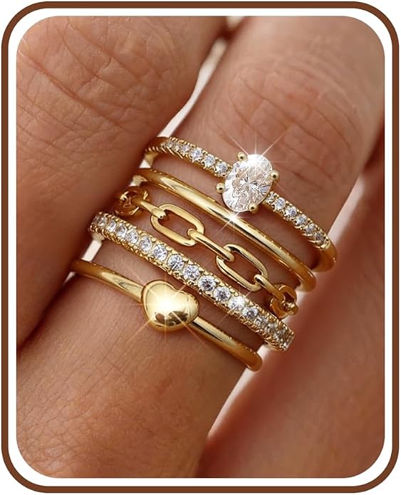 FIASASO Gold Rings for Women Non Tarnish - 5Pcs Dainty Stackable Rings 14K Gold Plated Cubic Zirconia Stacking Rings Non Tarnish Waterproof Minimalist Thin Stack Ring Size 5 6 7 8 9 10