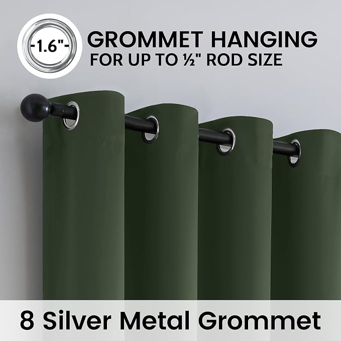 SimpleHome Greyish Green 100% Blackout Curtains Room Darken Living Room 63L | Curtains for Bedroom,Thermal Insulated Grommet Window Drapes,Curtains for Living Room with Black Back,52 x 63 Inch,2 Panels