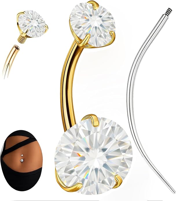 Sparkling Moissanite Belly Button Ring, 14G G23 Surgical Grade Titanium with 14K Gold Plated | Internally Threaded & Hypoallergenic for Sensitive Skin | Unisex Body Jewelry
