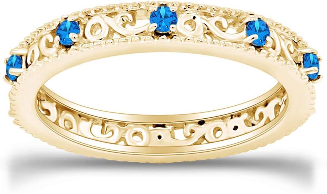 Jewel Zone US Filigree Eternity Wedding Band Ring for Women, Round Cut Simulated Gemstone Stackable Promise Ring in 14K Gold Plated 925 Sterling Silver Band Width 3.5mm – Elegant Jewelry for Her