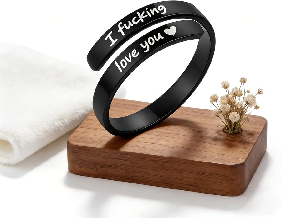 I Fcking Love You Ring, Stainless Steel Engraved Inspirational Words Heart Open Adults Women Vintage Promise Rings Lover Wife Jewelry