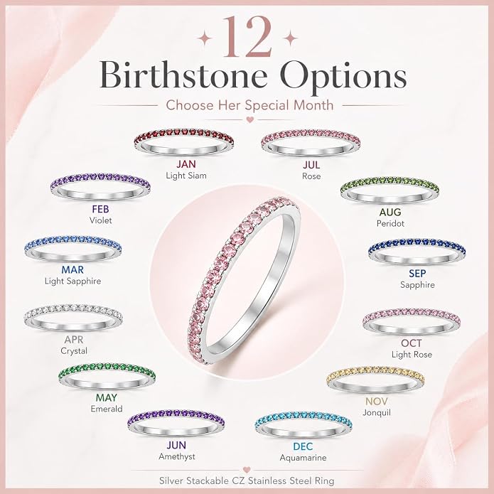 Birthstone Rings For Women, Silver Stackable Cubic Zirconia Stainless Steel Birth Stone Ring To My Daughter/Mom Birthday Unique Gifts Jewelry