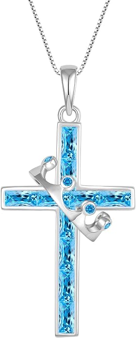 Gemstone Crown Cross Necklaces for Women, 925 Sterling Silver Rectangular cut Zircon Pendant With Rotated Crown Faith Cross Jewelry Gift