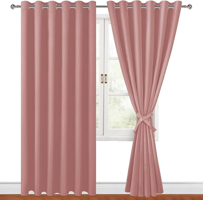 Hiasan Room Darkening Curtains for Bedroom, 70 x 84 Inches - Thermal Insulated & Energy Saving Window Drapes for Living Room/Dorm Room, Set of 2 Panels Sewn with Tiebacks, Dusty Rose