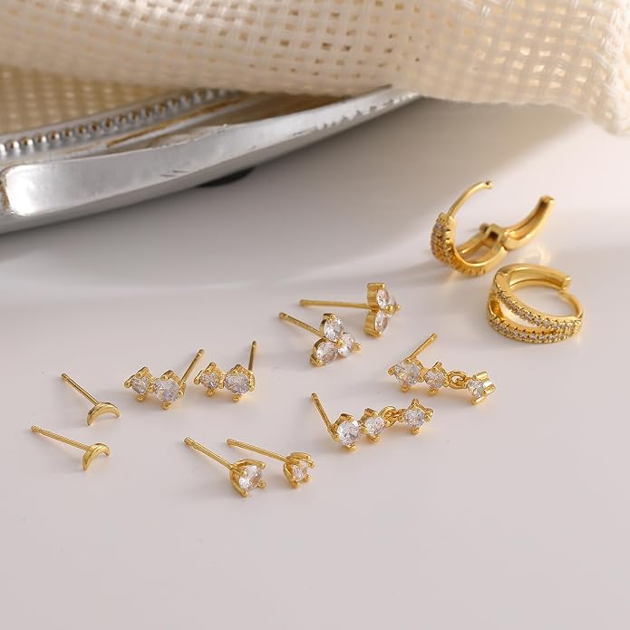 6 Pairs 14K Gold Plated Stud Earrings for Women, Hypoallergenic Cartilage Earrings for Multiple Piercing, Dainty Small Stackable Earrings Set for Jewelry Gift