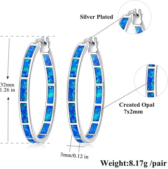 CiNily Opal Hoop Earrings,Women Jewelry Rhodium Plated/Rose Gold or Yellow Gold Plated Gemstone Big Hoop Earrings 32mm