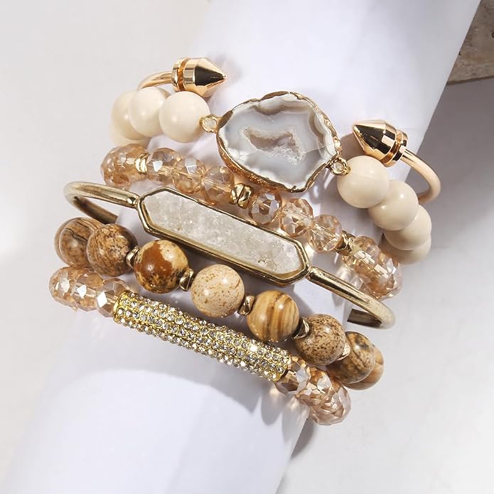 Yomisa 5PCS 6PCS Natural Boho Beaded Bracelets/Bangle for Women Men,Healing Turquoise Jasper Agate Crystal Gemstone Stone Chakra Multilayer Wrap Bohemian Handmade Jewelry Beads Stretch Bracelet Set