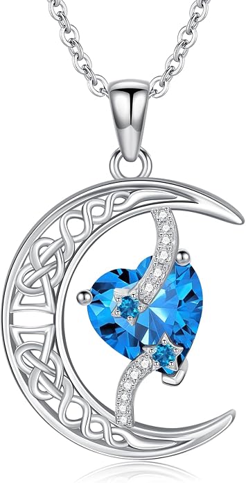 TOUPOP Moon and Star Birthstone Necklace for Women 925 Sterling Silver Celtic Moon Jewelry Birthday Mothers Day Gifts for Mom Wife Her