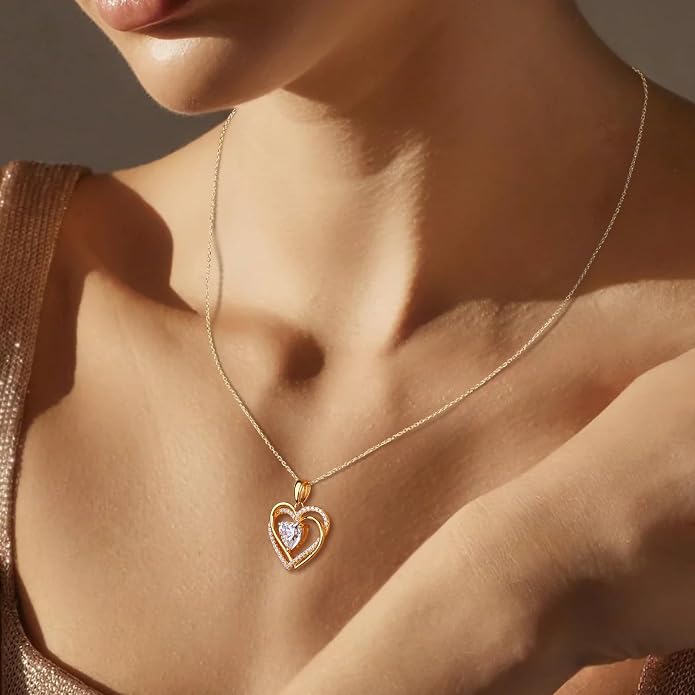 Anniversary Charm Necklace, Sterling Silver 14K Gold Plated Chain with Interlocking Heart Pendant Elegant Birthstone Necklaces for Women, Length 18"