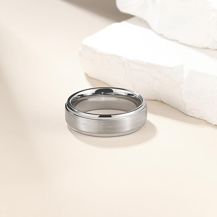 King Will Classic Tungsten Wedding Band for Men, 6/7/8/9/10mm Widths, Polished Finish Step Edge Matte Rings Comfort Fit
