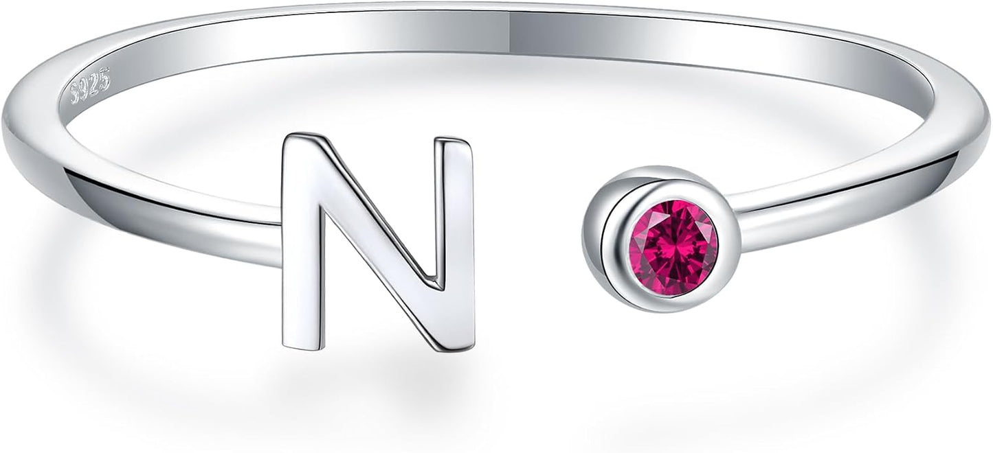 925 Sterling Silver Initial Letter Birthstone Rings for Women Adjustable 1-12 Month Birthstone Alphabet Stacking Ring for Teens Girls Stackable Birthstone Rings Birthday Jewelry Gift for Daughter Mom