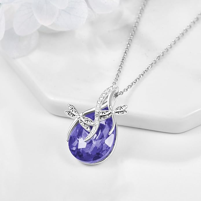 PRAYMOS S925 Sterling Silver Birthstone Necklaces for Women Dainty CZ Necklace Dragonfly Pendant Minimalist Jewelry Gift