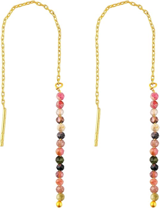 Natural Gemstone Threader Earrings for Women - Dainty 2mm Faceted Beads - Birthstone Crystal Drop Earrings - Silver Plated Healing Jewelry