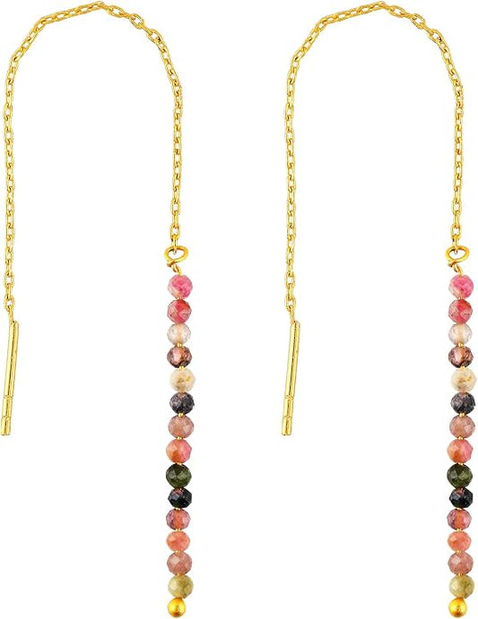 Natural Gemstone Threader Earrings for Women - Dainty 2mm Faceted Beads - Birthstone Crystal Drop Earrings - Silver Plated Healing Jewelry