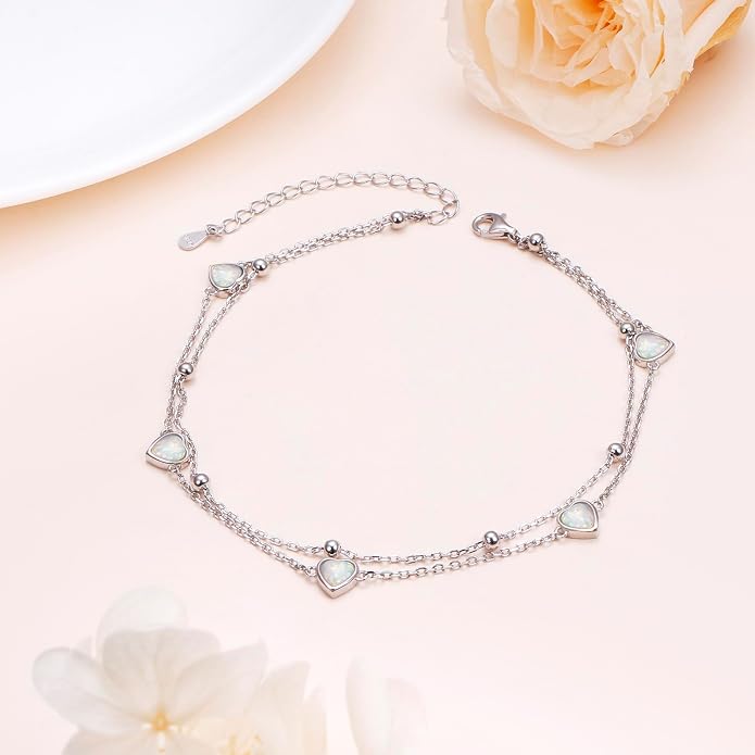 Flyow Anklet for Women S925 Sterling Silver Adjustable Foot Beaded Heart Charm Ankle Bracelet Anklets Jewelry