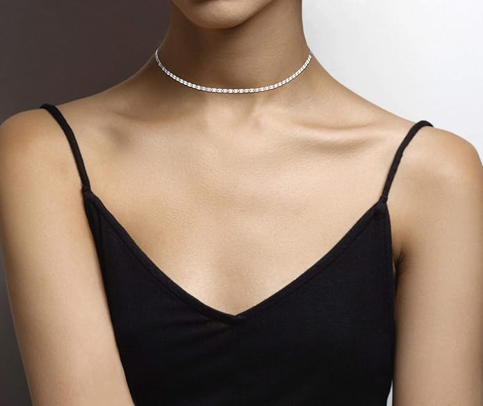 Miabella 925 Sterling Silver, 18K Gold Plated 925 Sterling Silver Figaro, Beaded Singapore, Sparkle, Cuban Link Chain, Choker Necklace for Women Made in Italy
