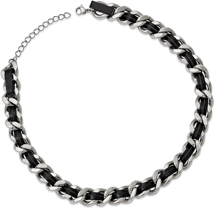 Solid Stainless Steel Polished Blk Leather 2In. Ext. Curb Choker Necklace