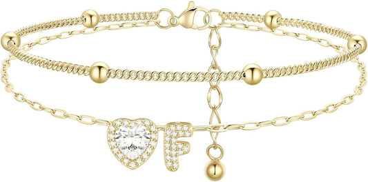 FindChic Silver/14K Gold Plated Layered CZ Initial Ankle Bracelet for Women | Waterproof Stainless Steel, Cubic Zirconia Letter Charm, Non-Tarnish, Hypoallergenic, Adjustable Extender, Summer Jewelry