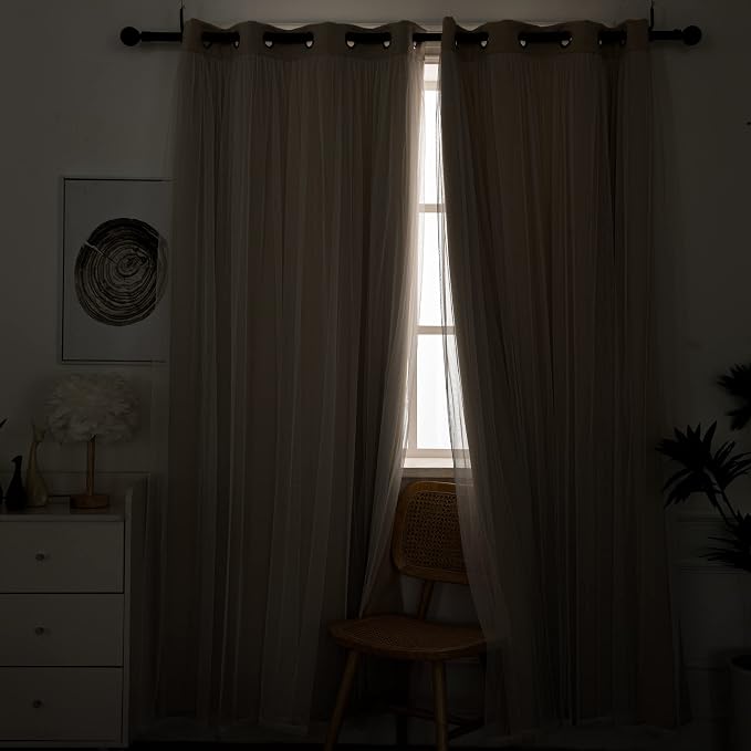 INLINAS Beige Blackout Curtains with Sheer Overlay - Grommet Top Thermal and Noise Reduction Panels for Bedroom and Living Room Light Blocking and Energy Saving, 37 x 72 Inches, Set of 2