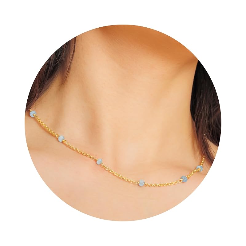 Aquamarine Necklace for Women, Premium Beaded Gold Necklaces for Women - Tarnish Free 18K Gold Vermeil Certified S925 Classic Statement Necklace Gold Jewelry for Women - Mothers Day Gifts for Mom Wife