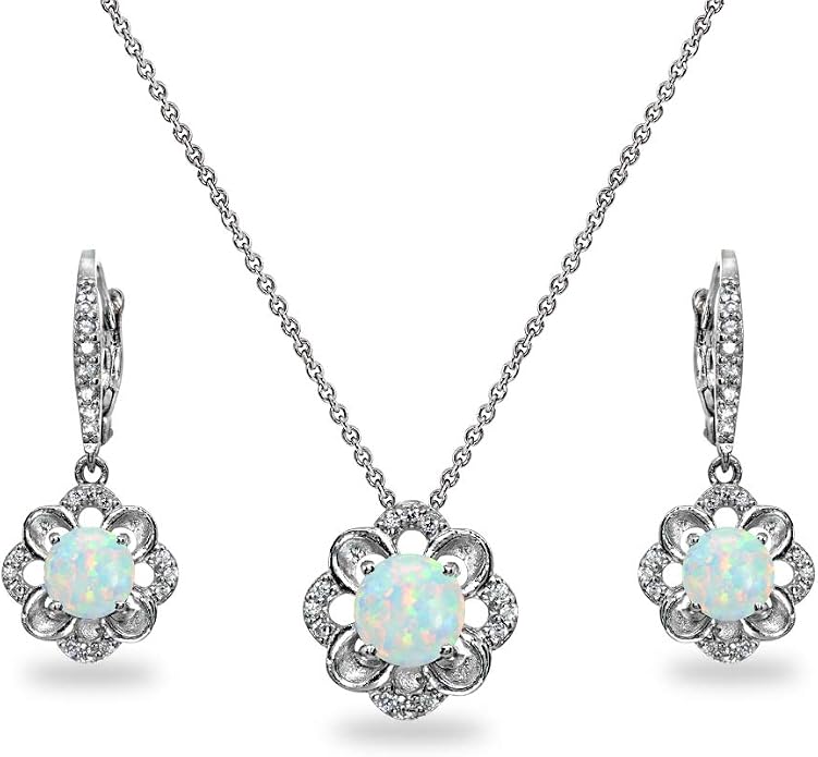 B. BRILLIANT Sterling Silver Genuine or Synthetic Gemstone 6mm Round-Cut Flower Dainty Slide Necklace & Leverback Earrings Set