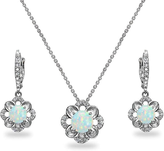 B. BRILLIANT Sterling Silver Genuine or Synthetic Gemstone 6mm Round-Cut Flower Dainty Slide Necklace & Leverback Earrings Set