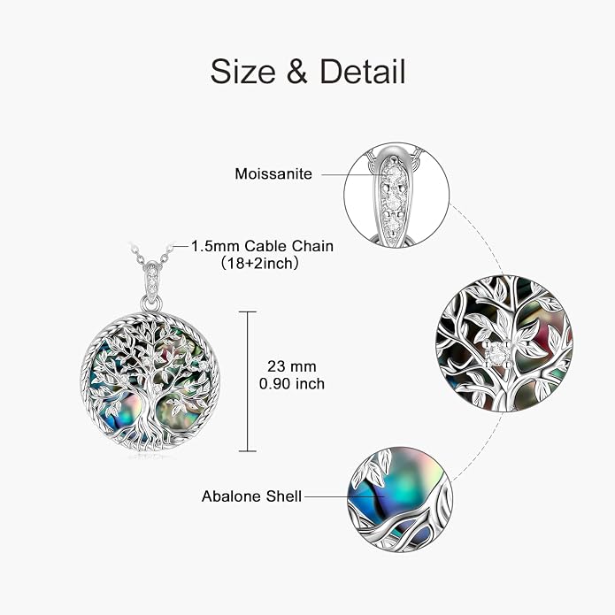 Tree of Life Moissanite Necklace, 925 Sterling Silver 0.5 Carat Moissanite Abalone Shell/Opal/Black Onyx/Turquoise/Malachite/Tiger Eye Stone Tree of Life Pendant Necklaces Jewelry Gift for Women Mom